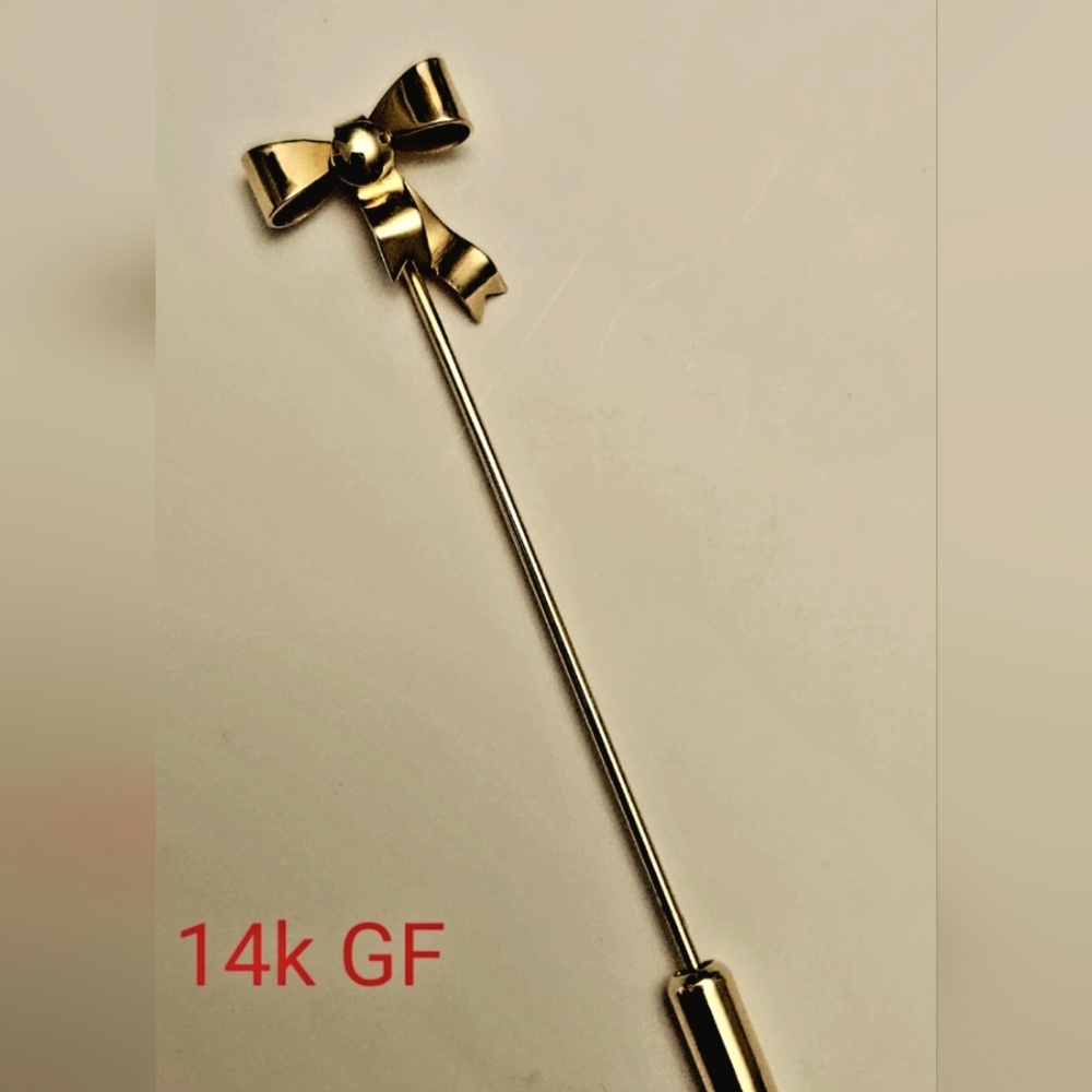 14K GF Vintage Bow Stick Pin Lapel Pin Brooch, 1/20 14K GF Stamped